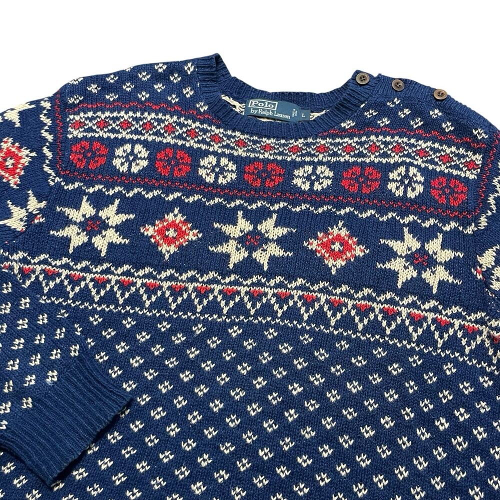 VTG Polo Ralph Lauren Sweater Mens Large Navy Fair Isle Cotton Linen Buttons